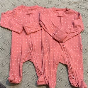 Carter's Coral Pink Polka Dot Footed One-Pieces - Set of 2